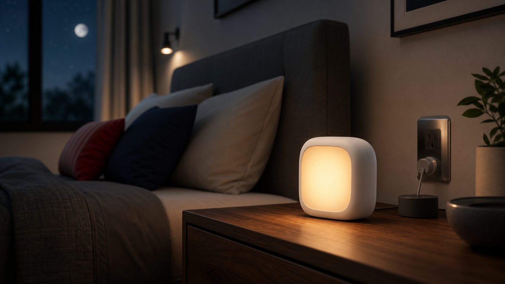 A compact LED night light glowing on a modern bedside table